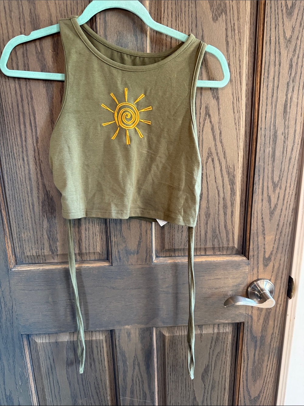 Olive Green Cropped Tank with Sun Embroidery